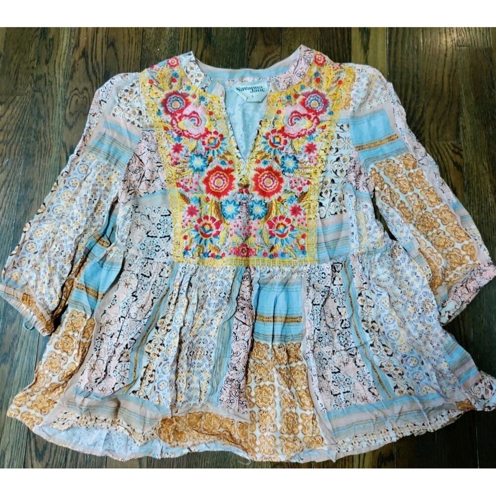 Savanna Jane Boho Peasant Hippie Blouse Women's S Floral Embroidered Baby Doll